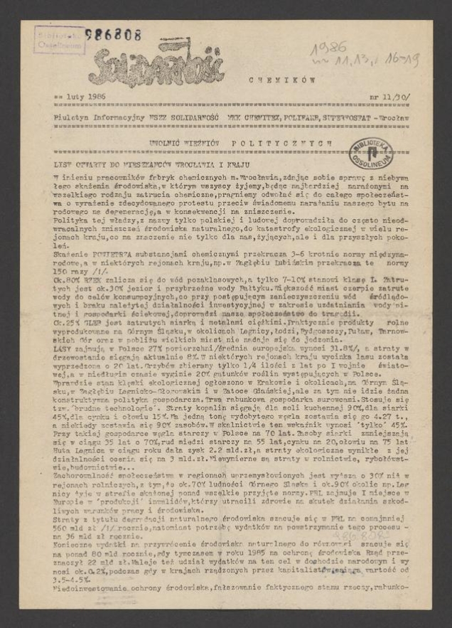 Solidarność Chemik&oacute;w : biuletyn informacyjny NSZZ &bdquo;Solidarność&rdquo; MKK Chemitex, Polifarb, Superfosfat. 1986, numer&nbsp;11