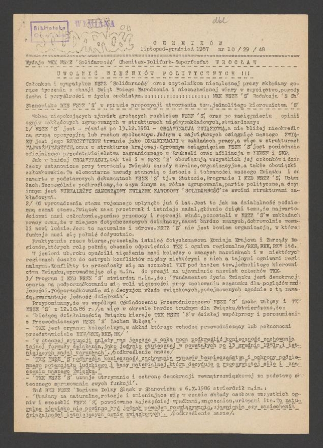 Solidarność Chemik&oacute;w : biuletyn informacyjny MKK NSZZ &bdquo;Solidarność&rdquo; Chemitex, Polifarb, Superfosfat. 1987, numer&nbsp;10