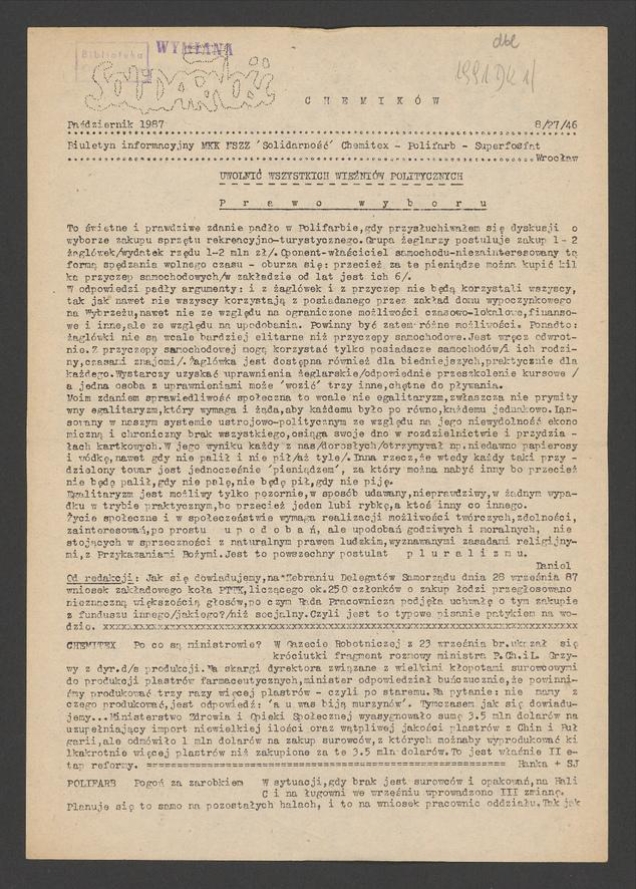 Solidarność Chemik&oacute;w : biuletyn informacyjny MKK NSZZ &bdquo;Solidarność&rdquo; Chemitex, Polifarb, Superfosfat. 1987, numer&nbsp;8