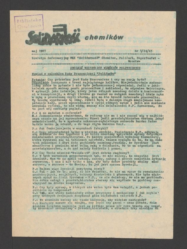 Solidarność Chemik&oacute;w : biuletyn informacyjny MKK &bdquo;Solidarność&rdquo; Chemitex, Polifarb, Superfosfat. 1987, numer&nbsp;5