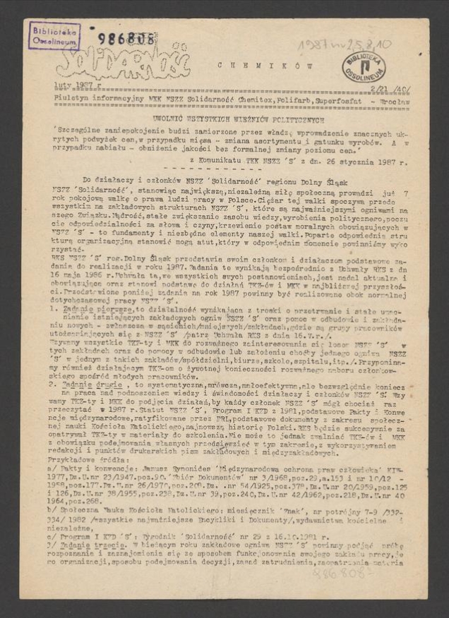 Solidarność Chemik&oacute;w : biuletyn informacyjny MKK NSZZ &bdquo;Solidarność&rdquo; Chemitex, Polifarb, Superfosfat. 1987, numer&nbsp;2
