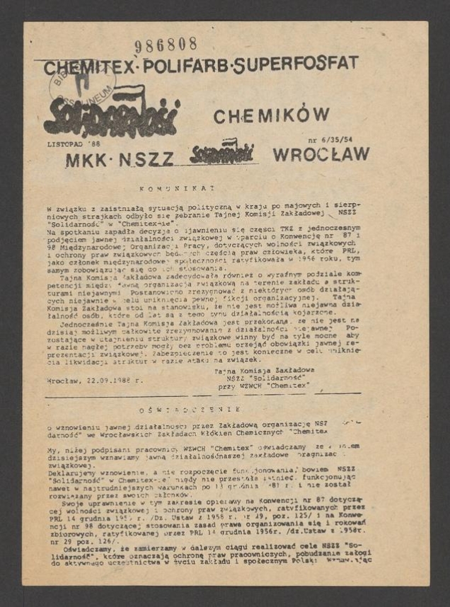 Solidarność Chemik&oacute;w : biuletyn informacyjny MKK NSZZ &bdquo;Solidarność&rdquo; Chemitex, Polifarb, Superfosfat. 1988, numer&nbsp;6