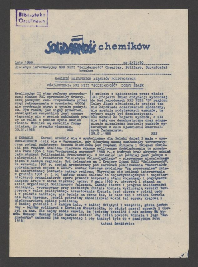 Solidarność Chemik&oacute;w : biuletyn informacyjny MKK NSZZ &bdquo;Solidarność&rdquo; Chemitex, Polifarb, Superfosfat. 1988, numer&nbsp;2