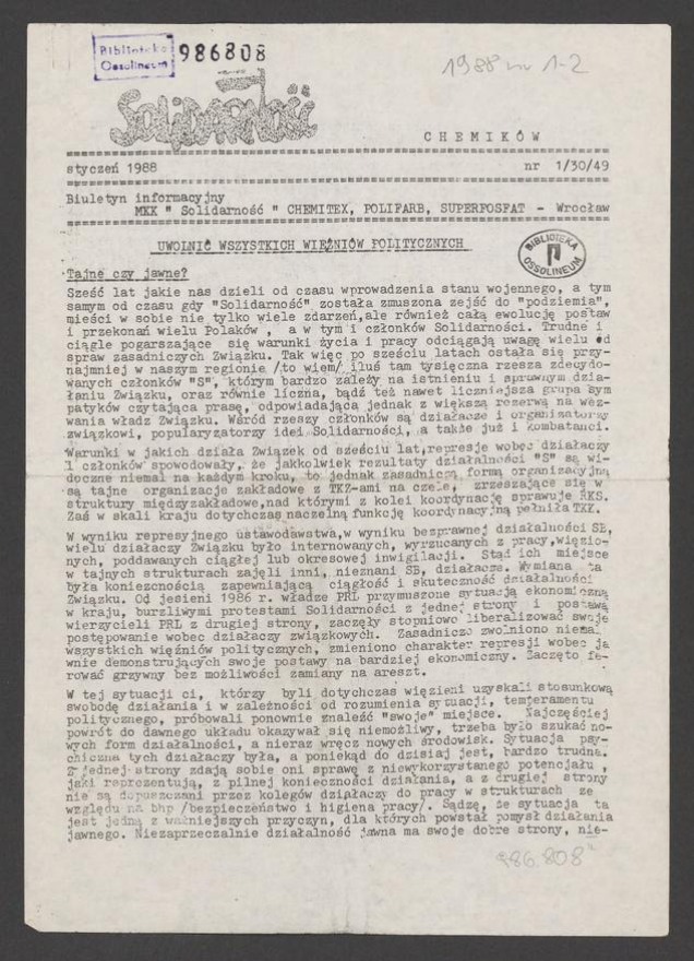 Solidarność Chemik&oacute;w : biuletyn informacyjny MKK &bdquo;Solidarność&rdquo; Chemitex, Polifarb, Superfosfat. 1988, numer&nbsp;1