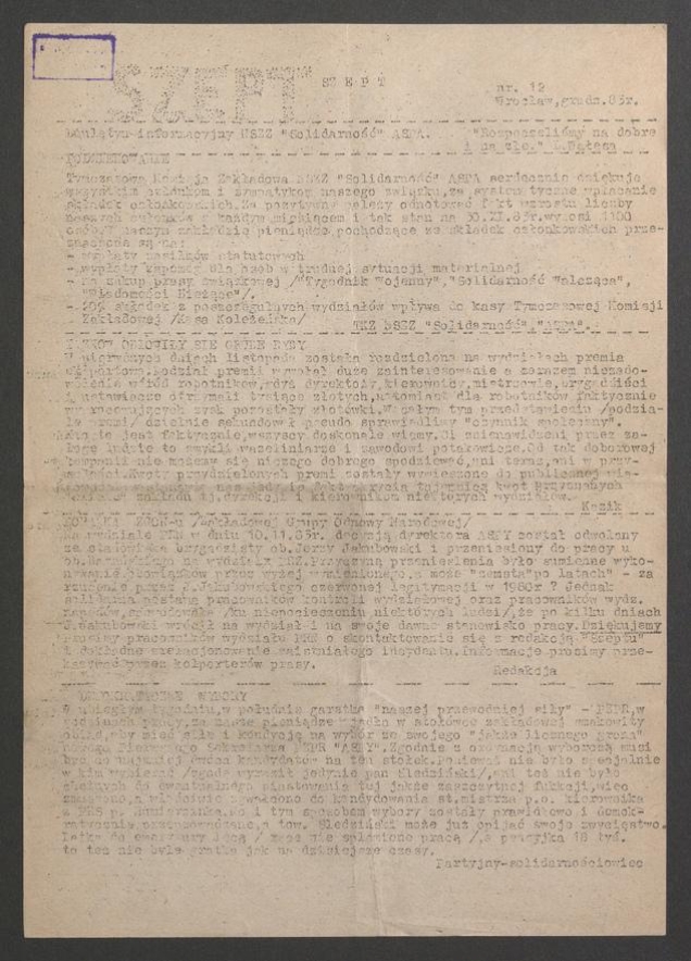 Szept : biuletyn informacyjny NSZZ &bdquo;Solidarność&rdquo; ASPA. 1983, numer&nbsp;12