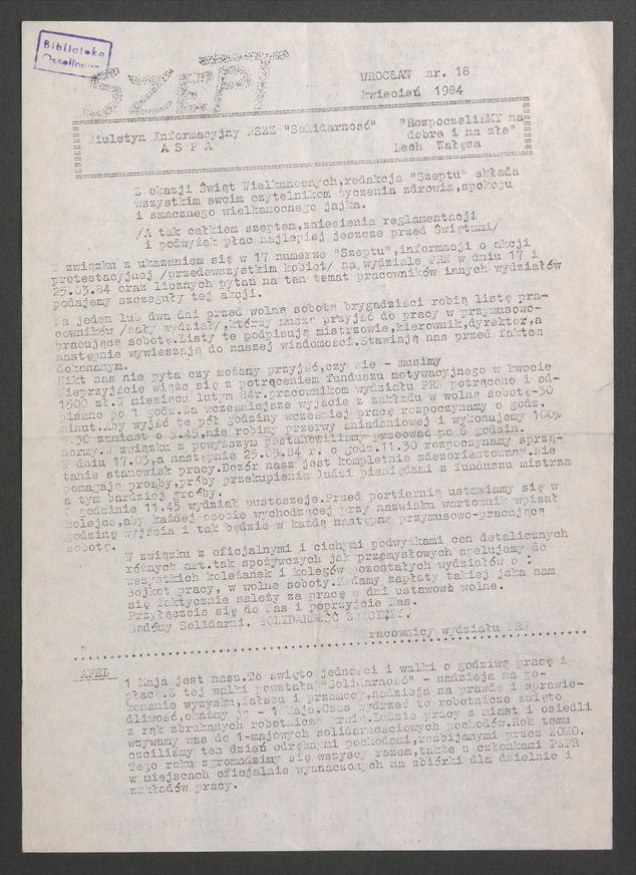 Szept : biuletyn informacyjny NSZZ &bdquo;Solidarność&rdquo; ASPA. 1984, numer&nbsp;18