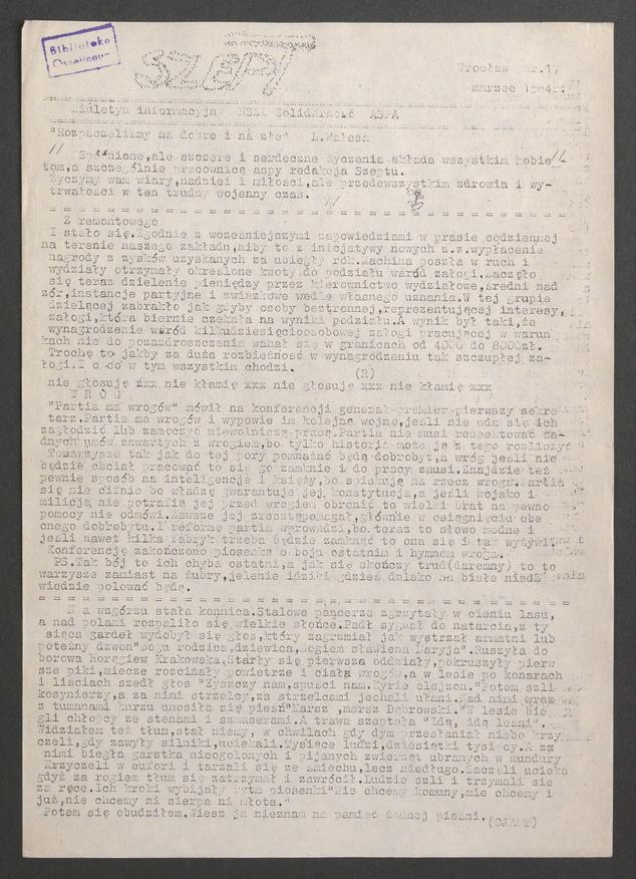 Szept : biuletyn informacyjny NSZZ &bdquo;Solidarność&rdquo; ASPA. 1984, numer&nbsp;17