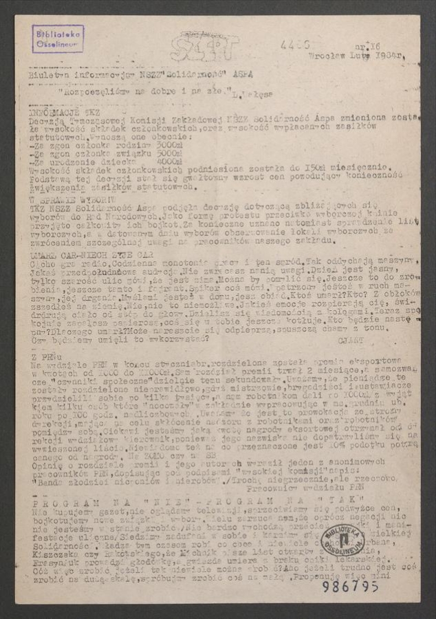 Szept : biuletyn informacyjny NSZZ &bdquo;Solidarność&rdquo; ASPA. 1984, numer&nbsp;16