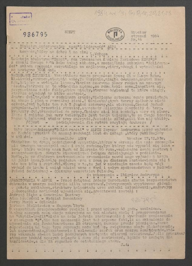 Szept : biuletyn informacyjny NSZZ &bdquo;Solidarność&rdquo; ASPA. 1984, numer&nbsp;14