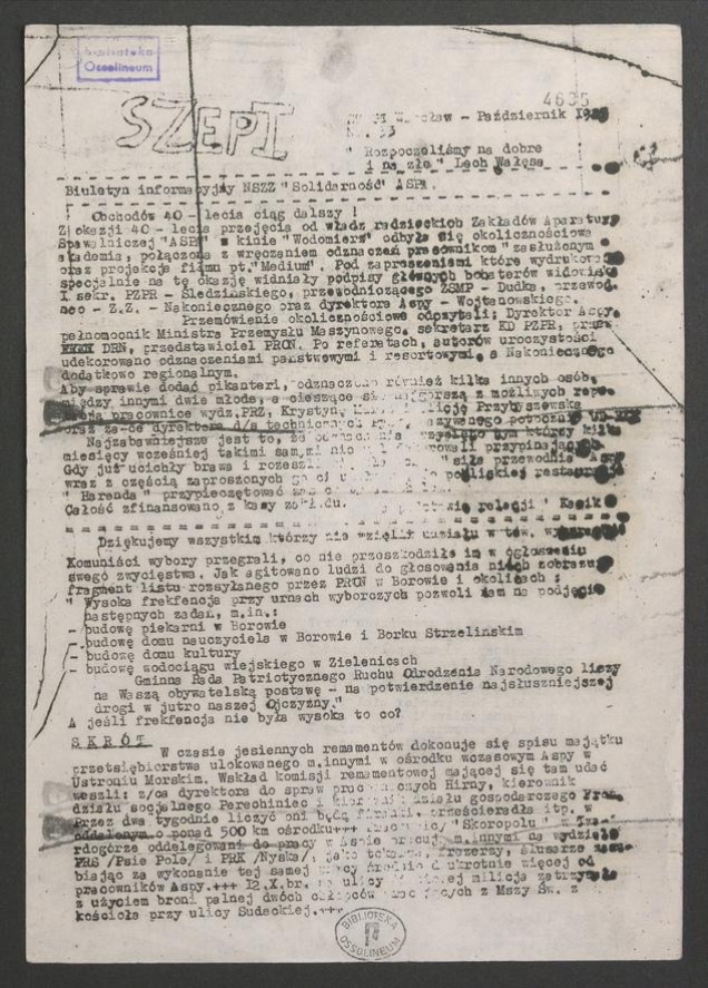 Szept : biuletyn informacyjny NSZZ &bdquo;Solidarność&rdquo; ASPA. 1985, numer&nbsp;33