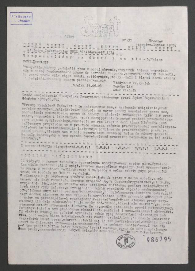 Szept : biuletyn informacyjny NSZZ &bdquo;Solidarność&rdquo; ASPA. 1985, numer&nbsp;31