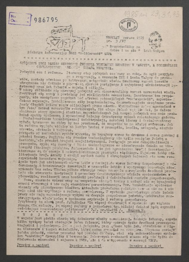 Szept : biuletyn informacyjny NSZZ &bdquo;Solidarność&rdquo; ASPA. 1985, numer&nbsp;27