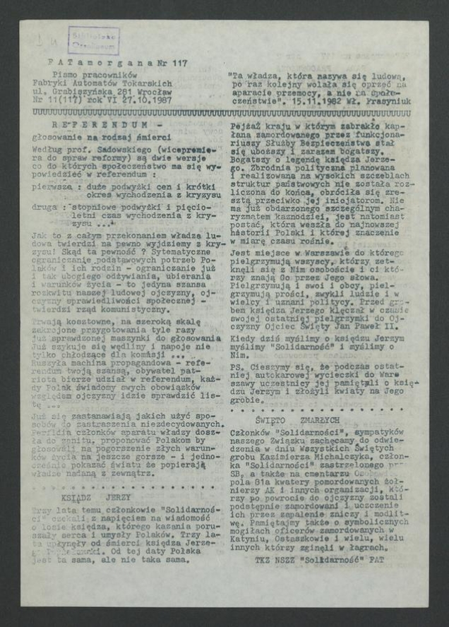 FATamorgana&nbsp;: pismo pracownik&oacute;w Fabryki Automat&oacute;w Tokarskich. 1987,&nbsp;numer&nbsp;11&nbsp;(117)