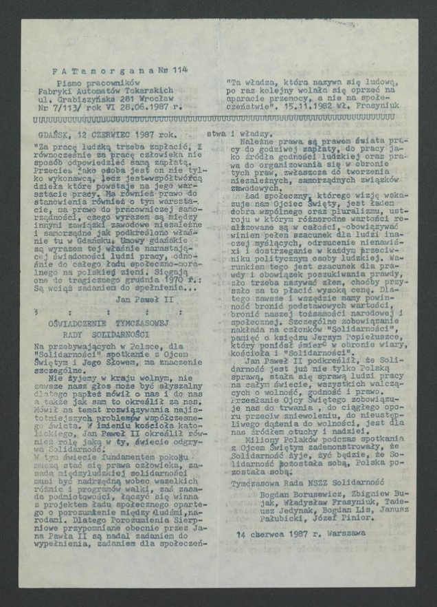 FATamorgana&nbsp;: pismo pracownik&oacute;w Fabryki Automat&oacute;w Tokarskich. 1987,&nbsp;numer&nbsp;7&nbsp;(114)