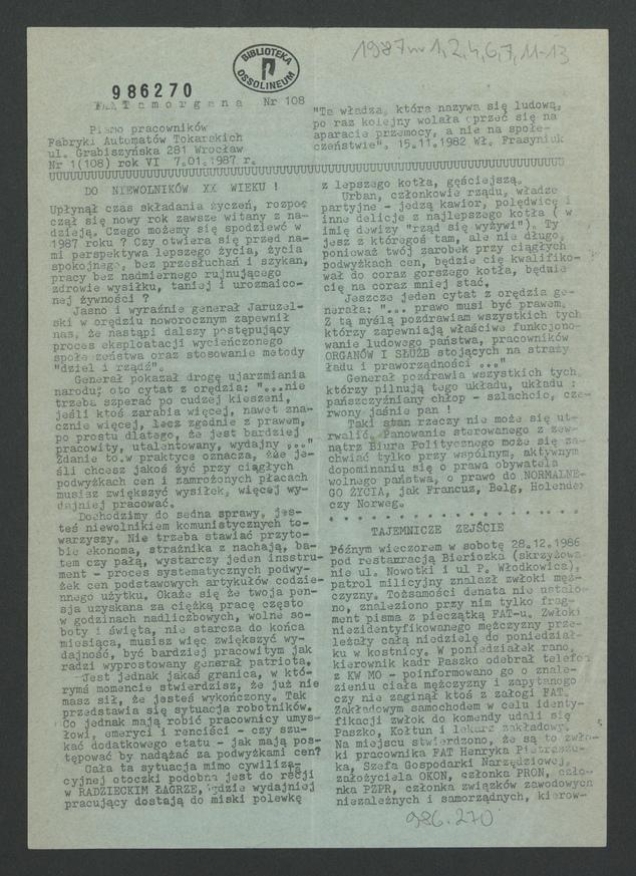 FATamorgana&nbsp;: pismo pracownik&oacute;w Fabryki Automat&oacute;w Tokarskich. 1987,&nbsp;numer&nbsp;1&nbsp;(108)