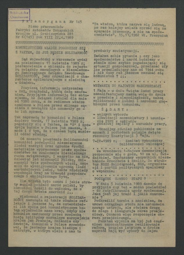 FATamorgana&nbsp;: pismo pracownik&oacute;w Fabryki Automat&oacute;w Tokarskich. 1989, numer&nbsp;6&nbsp;(145)