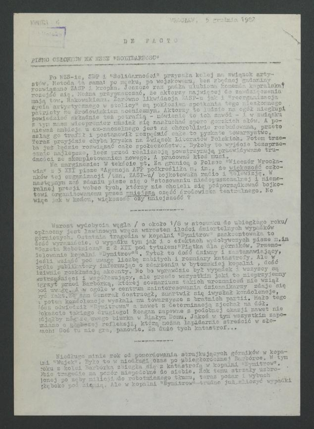 De Facto&nbsp;: pismo członk&oacute;w NSZZ &bdquo;Solidarność&rdquo;. 1982, numer&nbsp;6
