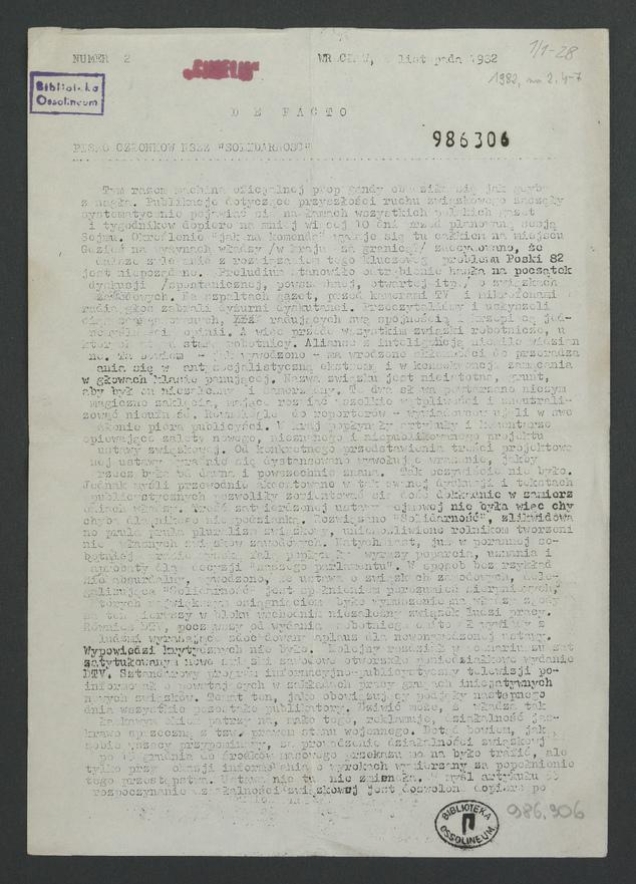 De Facto&nbsp;: pismo członk&oacute;w NSZZ &bdquo;Solidarność&rdquo;. 1982, numer&nbsp;2