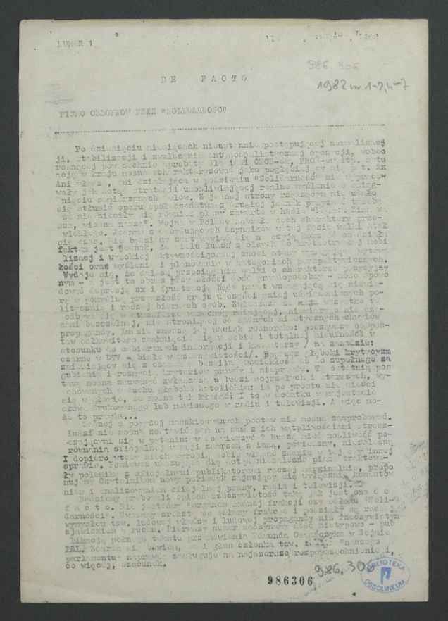 De Facto&nbsp;: pismo członk&oacute;w NSZZ &bdquo;Solidarność&rdquo;. 1982, numer&nbsp;1