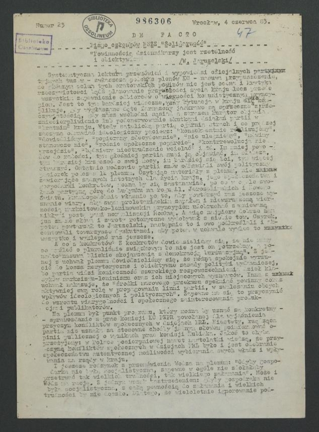 De Facto&nbsp;: pismo członk&oacute;w NSZZ &bdquo;Solidarność&rdquo;. 1983, numer&nbsp;23