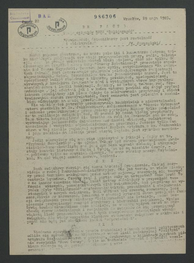 De Facto&nbsp;: pismo członk&oacute;w NSZZ &bdquo;Solidarność&rdquo;. 1983, numer&nbsp;22