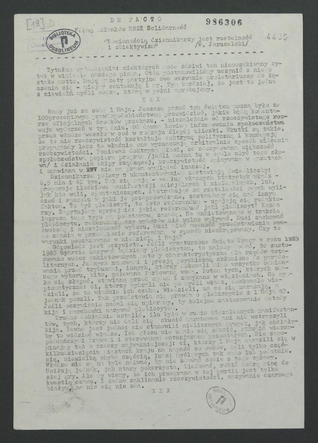 De Facto&nbsp;: pismo członk&oacute;w NSZZ &bdquo;Solidarność&rdquo;. 1983, numer&nbsp;[19]