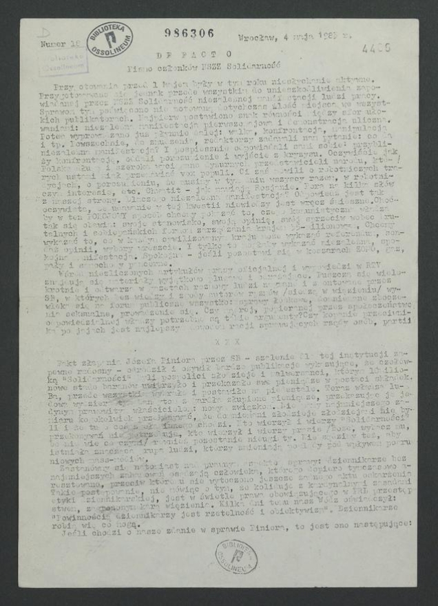 De Facto&nbsp;: pismo członk&oacute;w NSZZ &bdquo;Solidarność&rdquo;. 1983, numer&nbsp;18