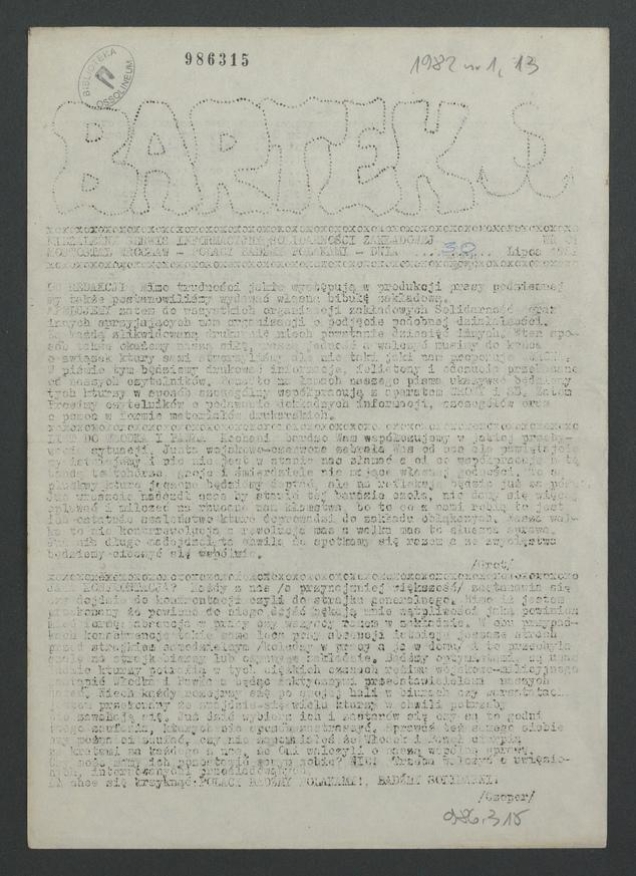 Bartek : niezależny srewis informacyjny Solidarności Zakładowej Mostostal Wrocław. 1982, numer&nbsp;1