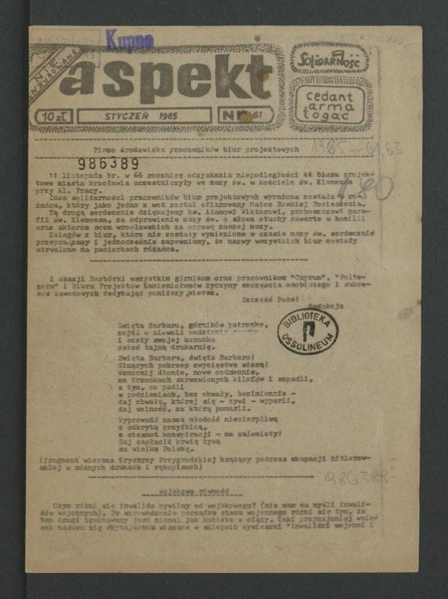 Aspekt&nbsp;: pismo środowiska wrocławskich biur projektowych. 1985, numer&nbsp;61