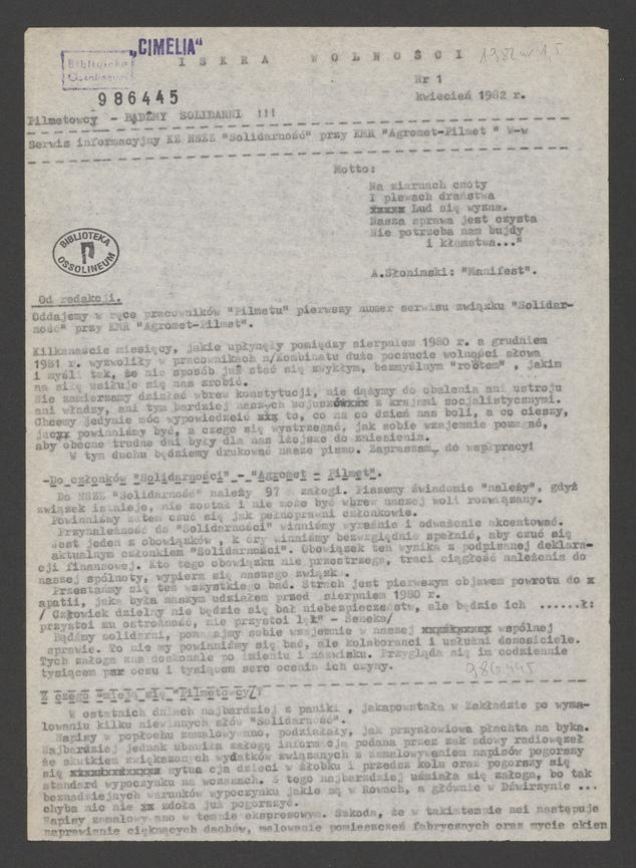 Iskra Wolności&nbsp;: serwis informacyjny KZ NSZZ &bdquo;Solidarność&rdquo; przy KMR &bdquo;Agromet-Pilmet&rdquo; Wrocław. 1982, numer&nbsp;1