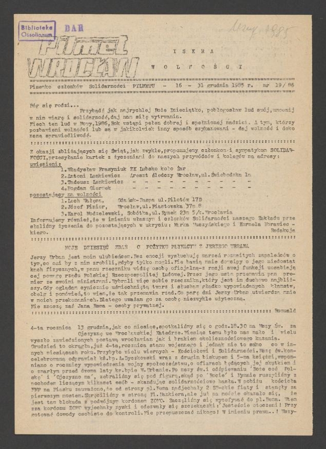 Iskra Wolności&nbsp;: pisemko członk&oacute;w Solidarności PILMETU. 1985, numer&nbsp;19&nbsp;(86)