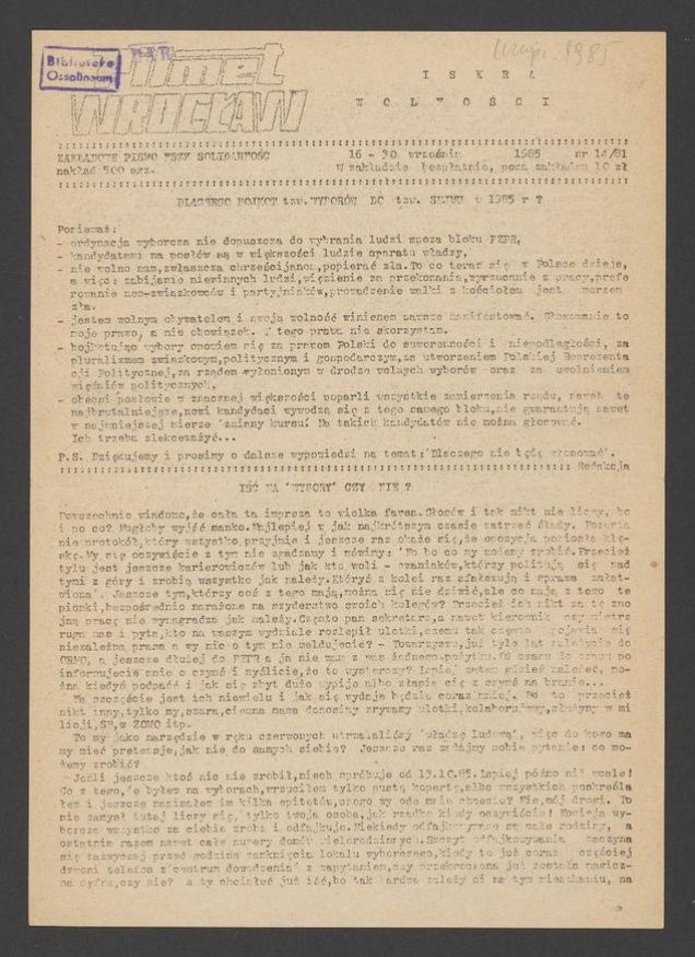 Iskra Wolności&nbsp;: zakładowe pismo NSZZ Solidarność. 1985, numer&nbsp;14&nbsp;(81)