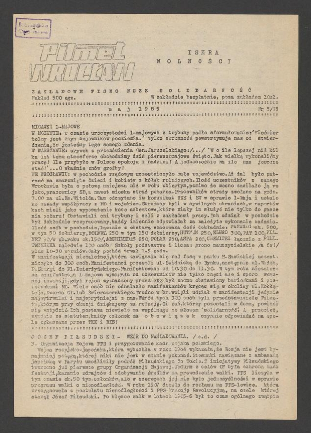 Iskra Wolności&nbsp;: zakładowe pismo NSZZ Solidarność. 1985, numer&nbsp;8&nbsp;(75)