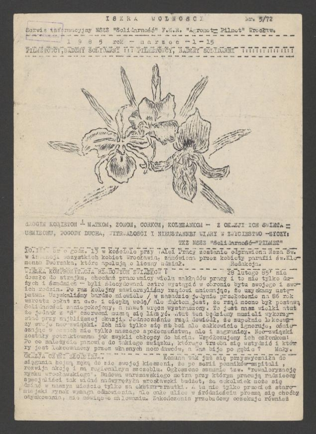 Iskra Wolności&nbsp;: serwis informacyjny NSZZ &bdquo;Solidarność&rdquo; FMR &bdquo;Agromet-Pilmet&rdquo; Wrocław. 1985, numer&nbsp;5&nbsp;(72)