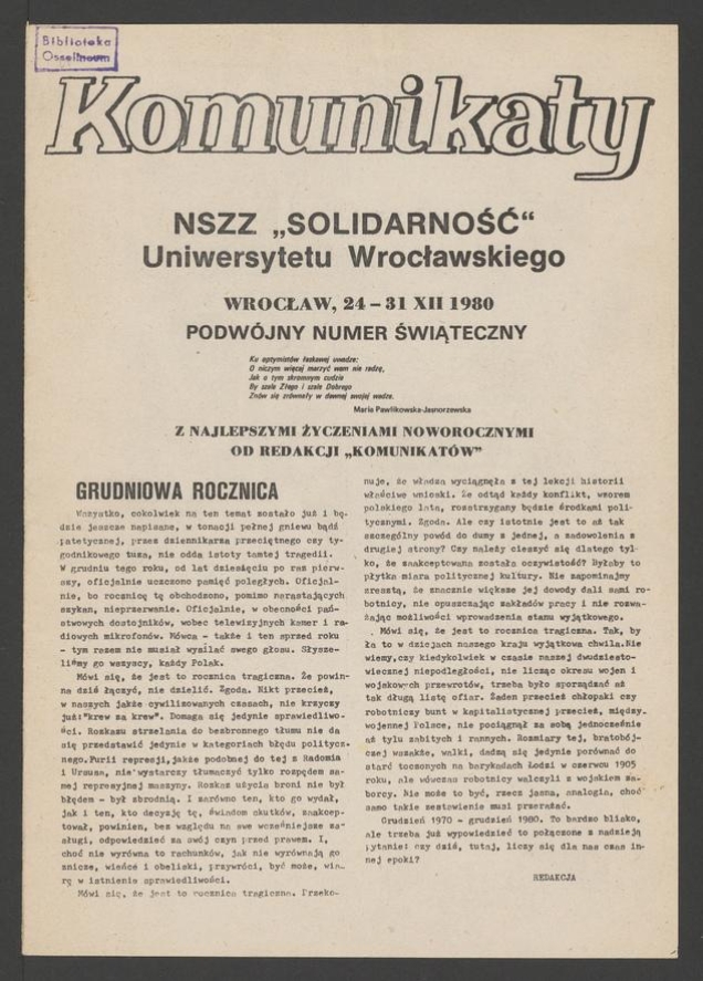 Komunikaty NSZZ &bdquo;Solidarność&rdquo; Uniwersytetu Wrocławskiego. 1980.12.24-31 (podw&oacute;jny numer świąteczny)