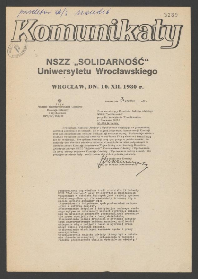 Komunikaty NSZZ &bdquo;Solidarność&rdquo; Uniwersytetu Wrocławskiego. 1980.12.10