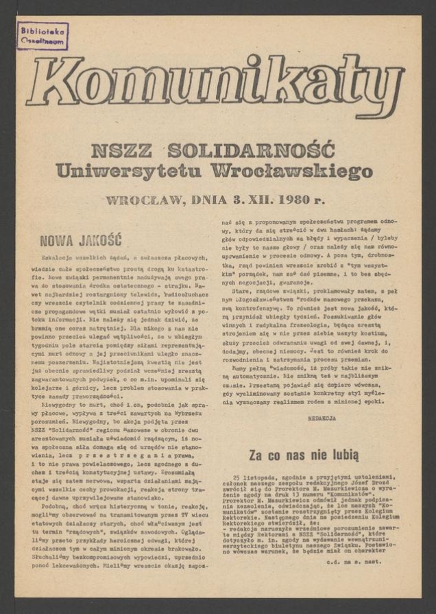 Komunikaty NSZZ &bdquo;Solidarność&rdquo; Uniwersytetu Wrocławskiego. 1980.12.03
