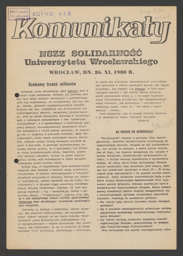 Komunikaty NSZZ &bdquo;Solidarność&rdquo; Uniwersytetu Wrocławskiego. 1980.11.26