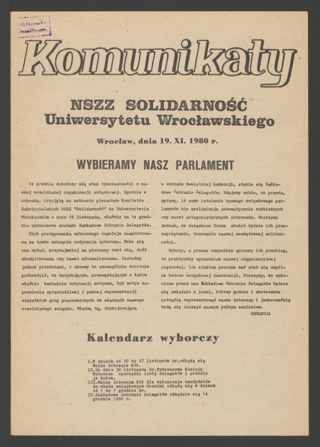 Komunikaty NSZZ &bdquo;Solidarność&rdquo; Uniwersytetu Wrocławskiego. 1980.11.19