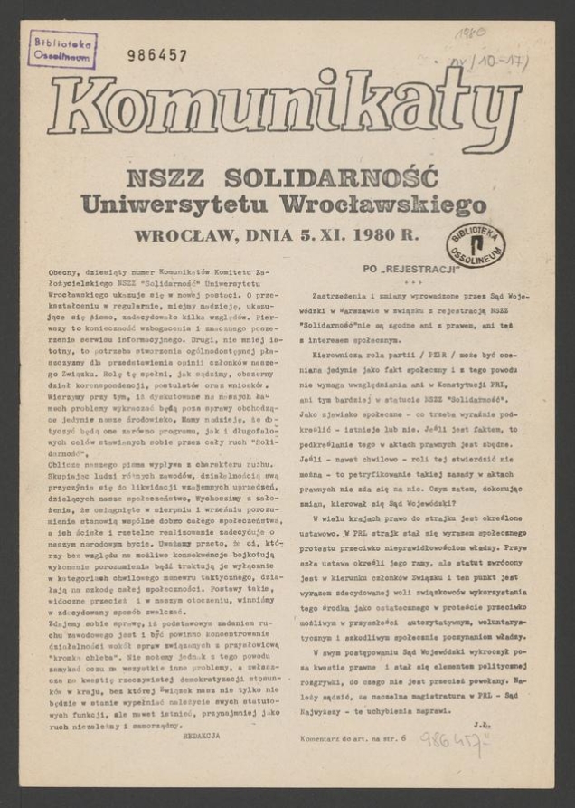 Komunikaty NSZZ &bdquo;Solidarność&rdquo; Uniwersytetu Wrocławskiego. 1980.11.05