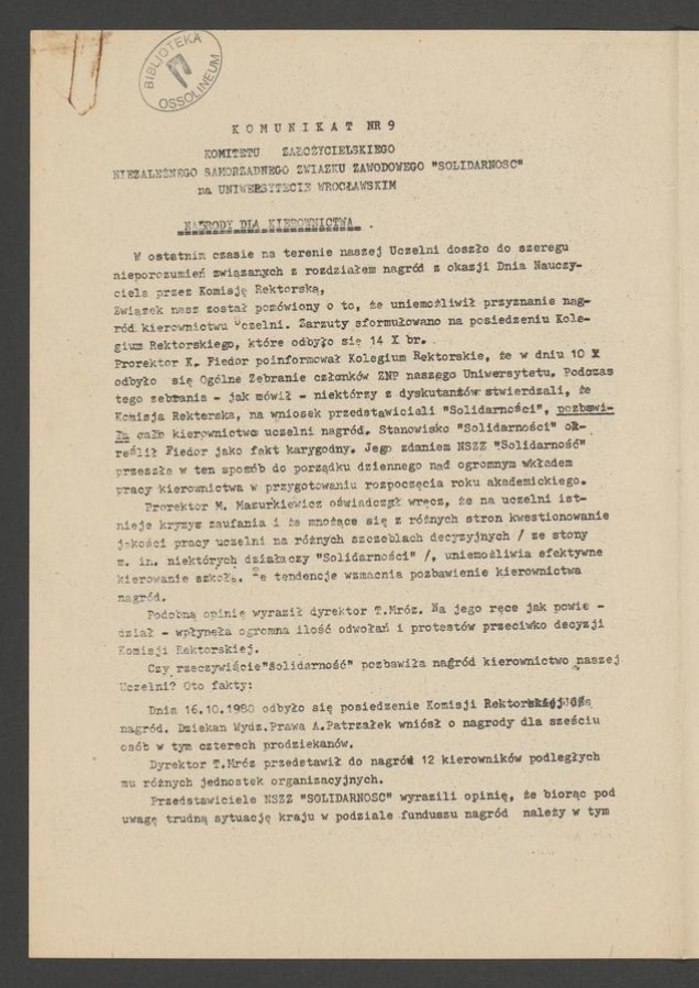 Komunikat Komitetu Założycielskiego Niezależnego Samorządnego Związku Zawodowego &bdquo;Solidarność&rdquo; przy Uniwersytecie Wrocławskim. 1980, numer&nbsp;9