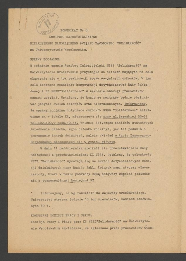 Komunikat Komitetu Założycielskiego Niezależnego Samorządnego Związku Zawodowego &bdquo;Solidarność&rdquo; przy Uniwersytecie Wrocławskim. 1980, numer&nbsp;8
