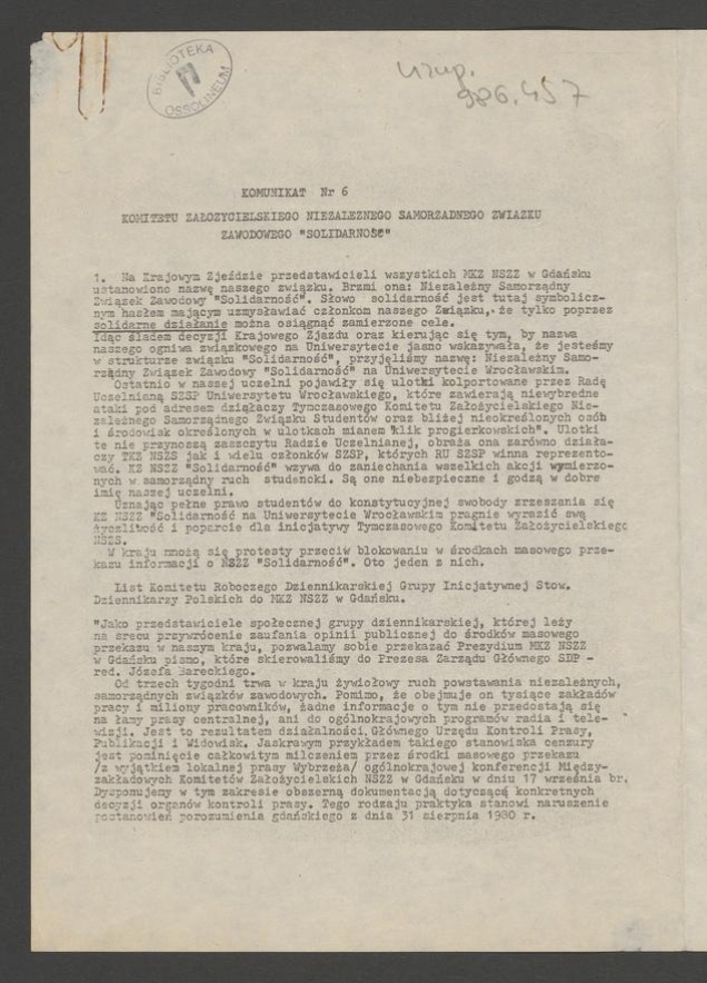 Komunikat Komitetu Założycielskiego Niezależnego Samorządnego Związku Zawodowego &bdquo;Solidarność&rdquo;. 1980, numer&nbsp;6