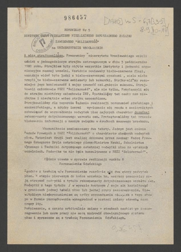 Komunikat Komitetu Założycielskiego Niezależnego Samorządnego Związku Zawodowego &bdquo;Solidarność&rdquo; przy Uniwersytecie Wrocławskim. 1980, numer&nbsp;5