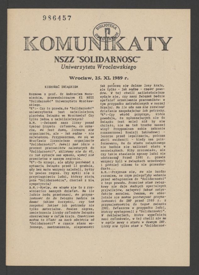 Komunikaty NSZZ &bdquo;Solidarność&rdquo; Uniwersytetu Wrocławskiego. 1989.11.25