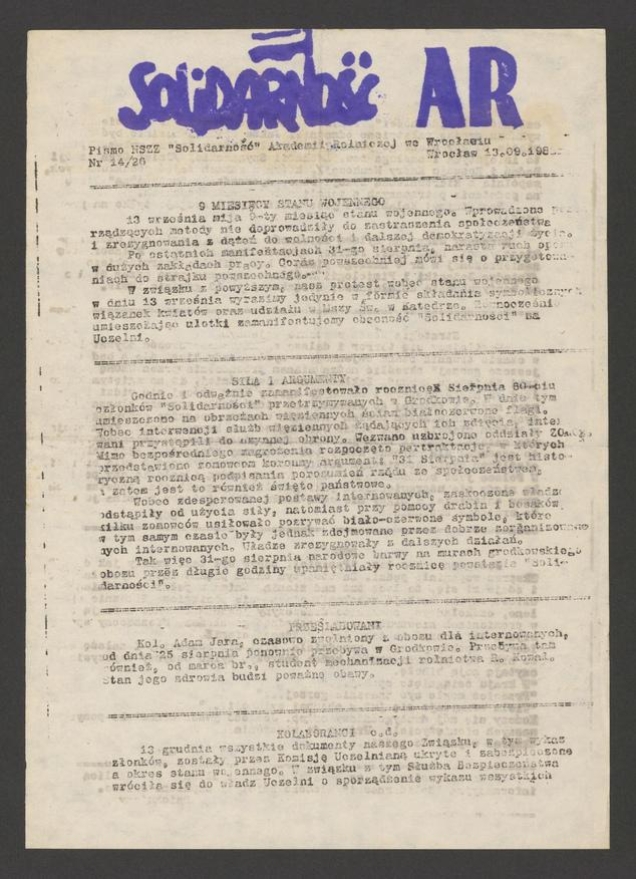 Solidarność AR&nbsp;: pismo NSZZ &bdquo;Solidarność&rdquo; Akademii Rolniczej we Wrocławiu. 1982, numer&nbsp;14&nbsp;(26)