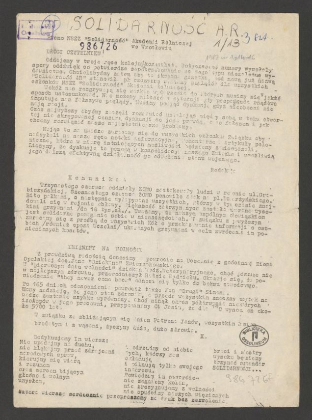 Solidarność AR&nbsp;: pismo NSZZ &bdquo;Solidarność&rdquo; Akademii Rolniczej we Wrocławiu. 1982, numer&nbsp;1&nbsp;(13)