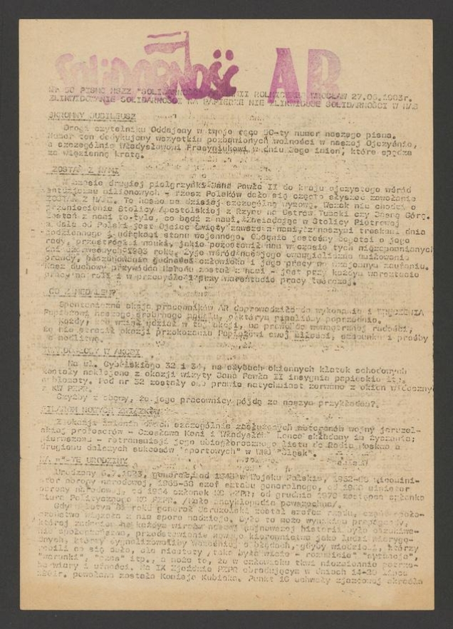 Solidarność AR&nbsp;: pismo NSZZ &bdquo;Solidarność&rdquo; Akademii Rolniczej Wrocław. 1983, numer&nbsp;50