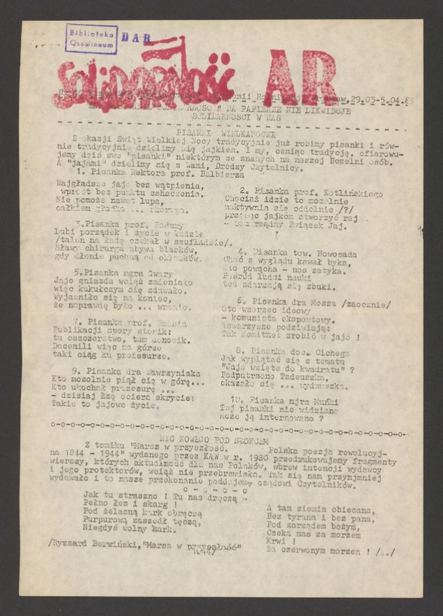 Solidarność AR&nbsp;: pismo NSZZ &bdquo;Solidarność&rdquo; Akademii Rolniczej Wrocław. 1983, numer&nbsp;40