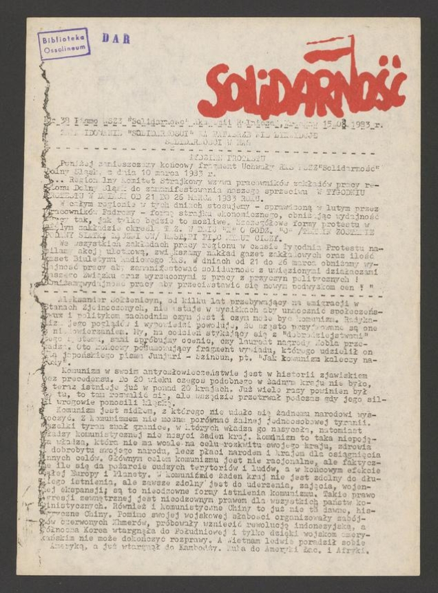 Solidarność AR&nbsp;: pismo NSZZ &bdquo;Solidarność&rdquo; Akademii Rolniczej Wrocław. 1983, numer&nbsp;38